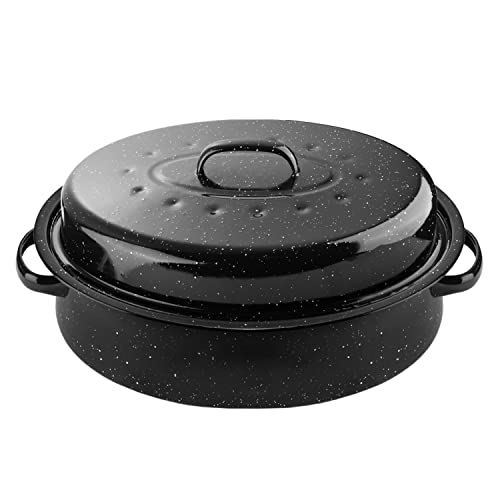 DIMESHY 18Inch Roasting Pan, Enamel on Steel, Black Covered Oval Roaster Pan with Lid, Large Cookware for Turkey, Small Chicken, Roast Baking Pan. - Image 1