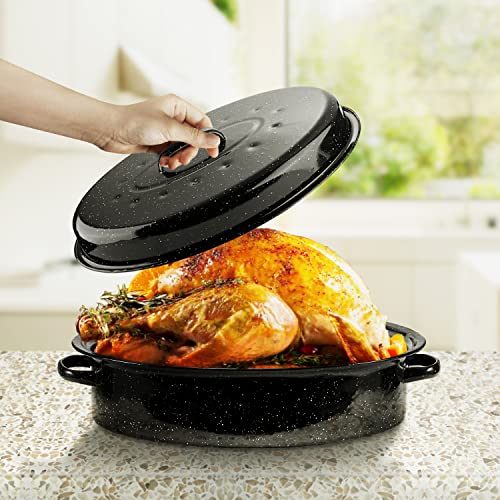 DIMESHY 18Inch Roasting Pan, Enamel on Steel, Black Covered Oval Roaster Pan with Lid, Large Cookware for Turkey, Small Chicken, Roast Baking Pan. - Image 5