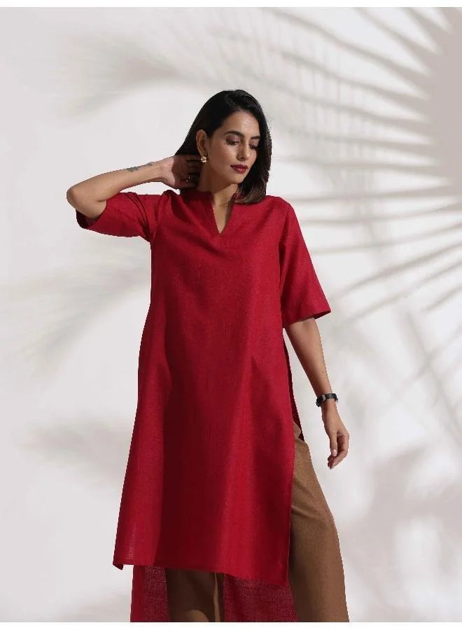 trueBrowns trueBrowns Maroon Slub Highslit Kurta Set