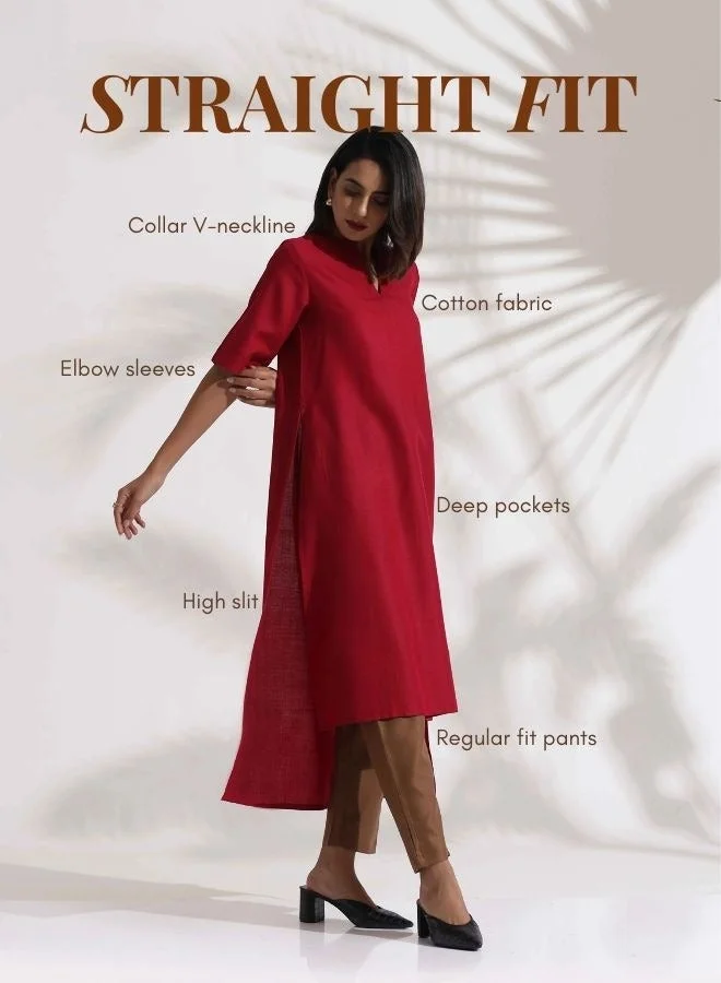 trueBrowns trueBrowns Maroon Slub Highslit Kurta Set