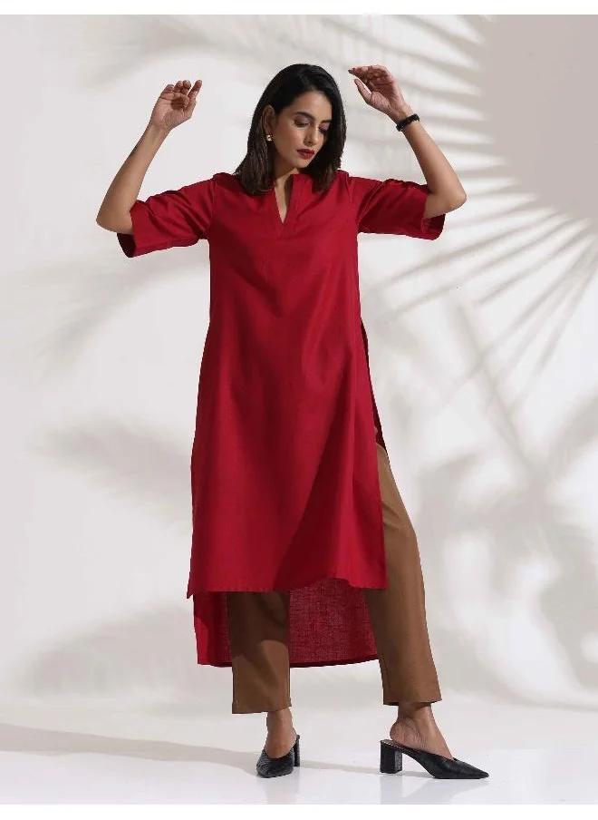 ترو برونز trueBrowns Maroon Slub Highslit Kurta Set