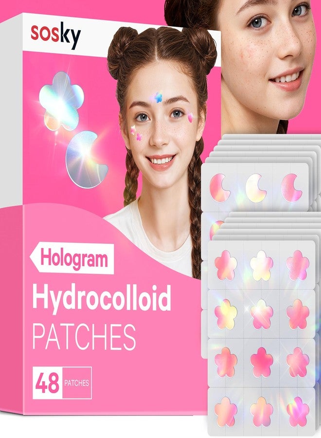 Sosky Hologram Pimple Patches for Face, Hydrocolloid Acne Patches with Salicylic Acid, Cute Star Zit Stickers,Colorful Blemish Covers,48 Count Pink Moon Flower - Image 1