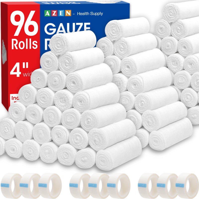 AZEN 96 Pack Gauze Rolls Bandages, 4 in x 4.1 Yards, Premium Medical Supplies & First Aid Supplies, Bandage Wrap Vet Wrap, Mummy Wraps - Image 1