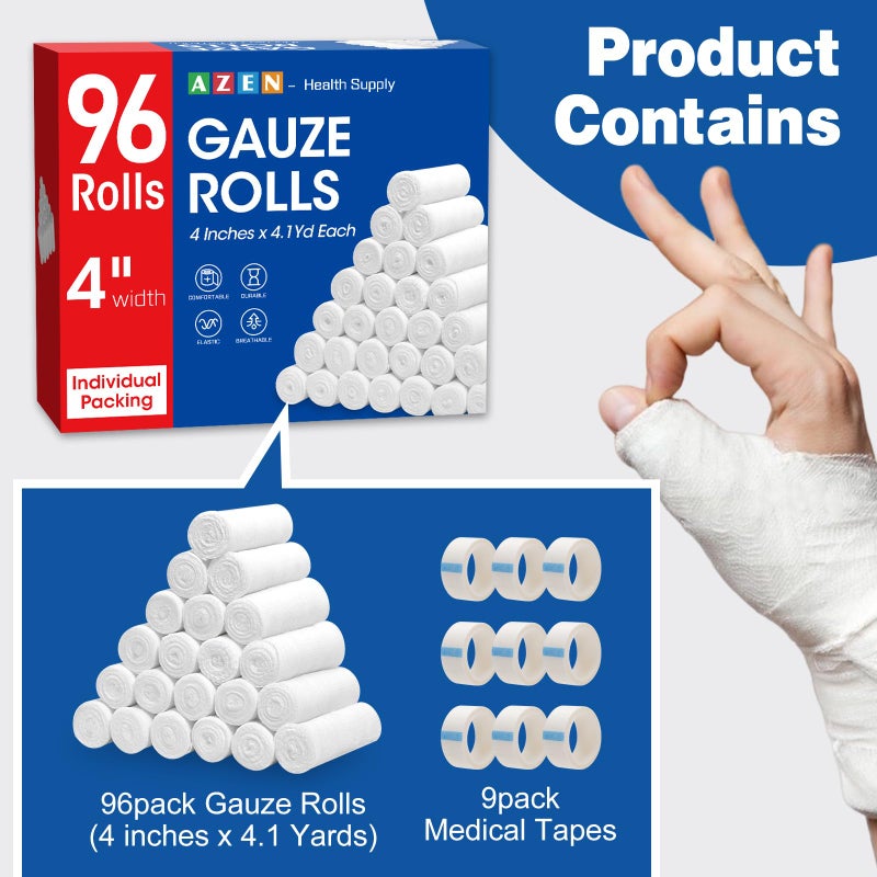 AZEN 96 Pack Gauze Rolls Bandages, 4 in x 4.1 Yards, Premium Medical Supplies & First Aid Supplies, Bandage Wrap Vet Wrap, Mummy Wraps - Image 2