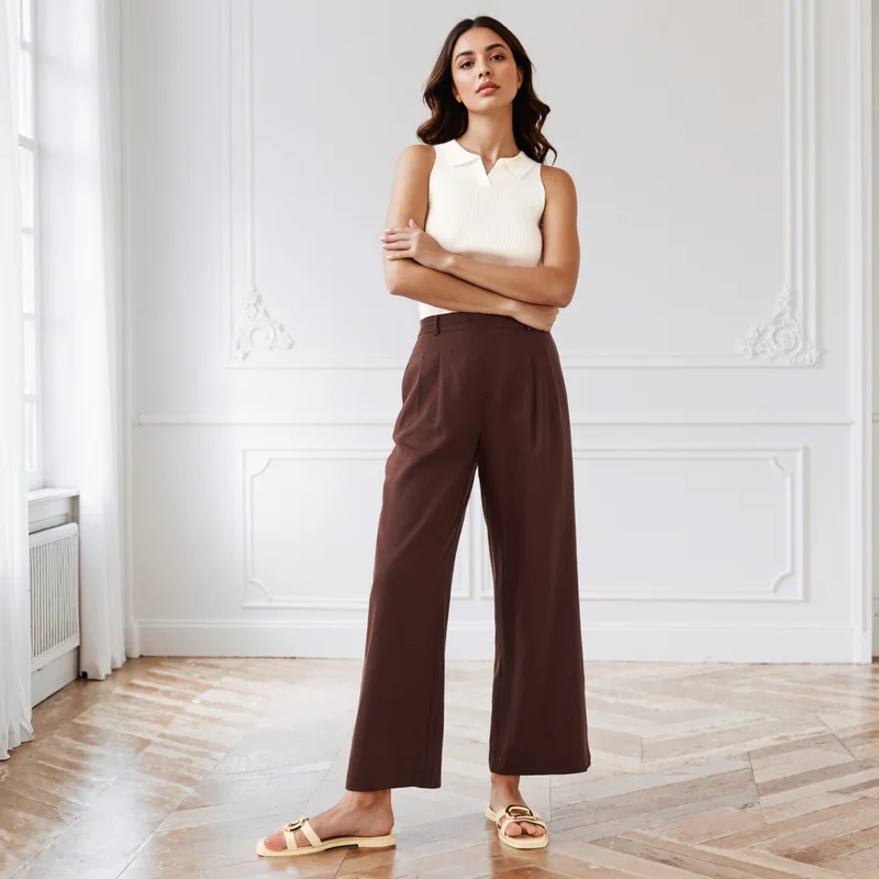 Splash FAV Pleated Linen Blend Wide Leg Trousers