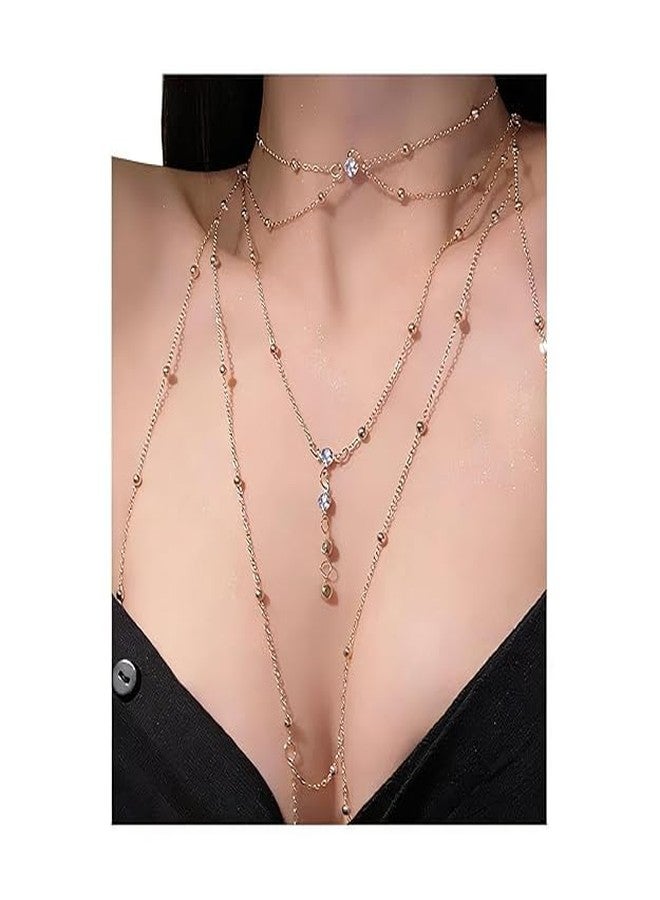 TARINI 2Pcs Gold Body Chain & Waist Chain,1Pcs Chest Chain, 1Pcs Necklace, Plated Rhinestone Crossover Body Jewelry, Sexy Crystal Bra Belly Chain for Women Summer Beach Night Out Low-Cut Dress Casual Outfit - Image 1