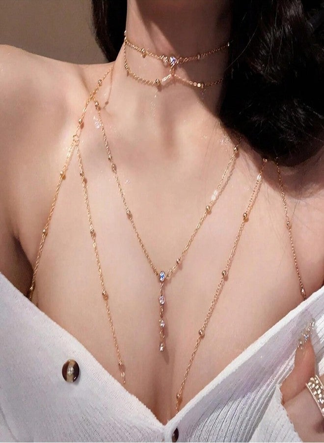 TARINI 2Pcs Gold Body Chain & Waist Chain,1Pcs Chest Chain, 1Pcs Necklace, Plated Rhinestone Crossover Body Jewelry, Sexy Crystal Bra Belly Chain for Women Summer Beach Night Out Low-Cut Dress Casual Outfit - Image 5