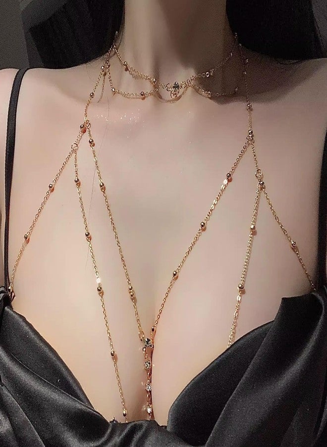 TARINI 2Pcs Gold Body Chain & Waist Chain,1Pcs Chest Chain, 1Pcs Necklace, Plated Rhinestone Crossover Body Jewelry, Sexy Crystal Bra Belly Chain for Women Summer Beach Night Out Low-Cut Dress Casual Outfit - Image 4