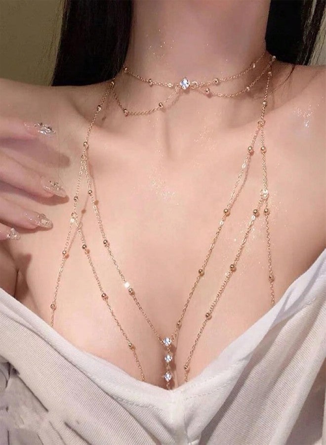 TARINI 2Pcs Gold Body Chain & Waist Chain,1Pcs Chest Chain, 1Pcs Necklace, Plated Rhinestone Crossover Body Jewelry, Sexy Crystal Bra Belly Chain for Women Summer Beach Night Out Low-Cut Dress Casual Outfit - Image 2