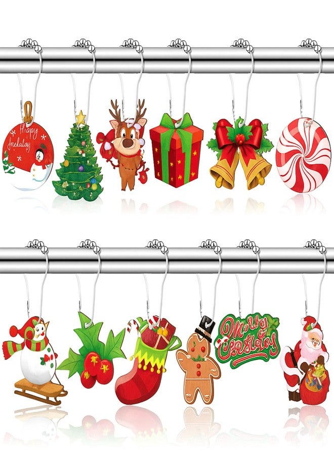 Barydat Set of 24 Christmas Shower Curtain Hooks Xmas Shower Curtain Rings Decorative Santa Claus Snowman Tree Rust Resistant Hooks for Shower Curtains for Bathroom Bedroom Decorations Accessories - Image 1