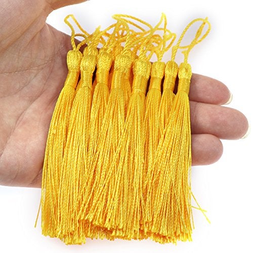 VAPKER 100 Pieces Yellow Tassels 13cm/5-Inch Silky Handmade Soft Tassels Floss Bookmark Tassels with 2-Inch Cord Loop for Jewelry Making, DIY Projects, Bookmarks - Image 4