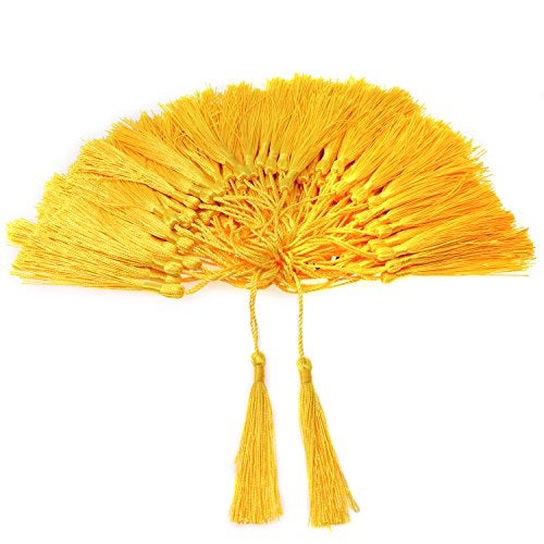 VAPKER 100 Pieces Yellow Tassels 13cm/5-Inch Silky Handmade Soft Tassels Floss Bookmark Tassels with 2-Inch Cord Loop for Jewelry Making, DIY Projects, Bookmarks - Image 1