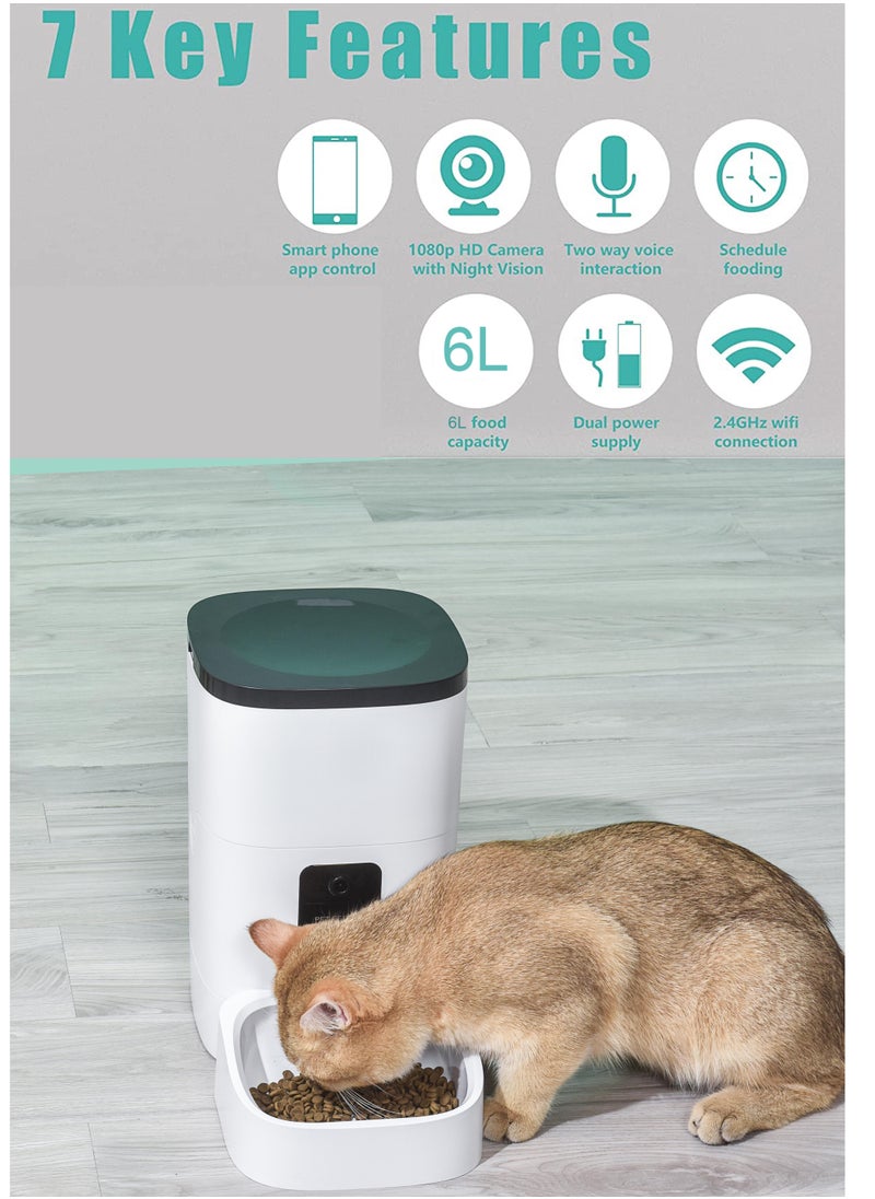 Pet Feeder,,6L Automatic Cat Feeder with 1080P Camera, Pet Food Dispenser for Cats and Dogs WiFi Smart Feeder with 6L 2-Way Audio, App Control, Timed Feeder, Voice Recorder for Schedule Feeding