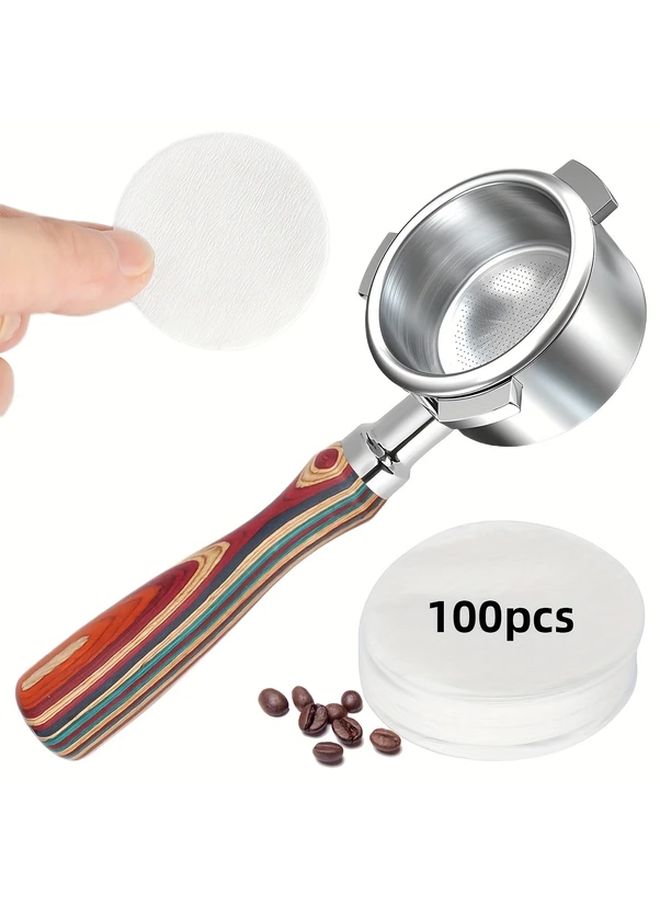 51mm Coffee Bottomless Portafilter Handle With 100 Pcs Unbleached Coffee Filter Papers Stainless Steel Espresso Machine Replacement Accessories Colored Wood Handle - Image 1