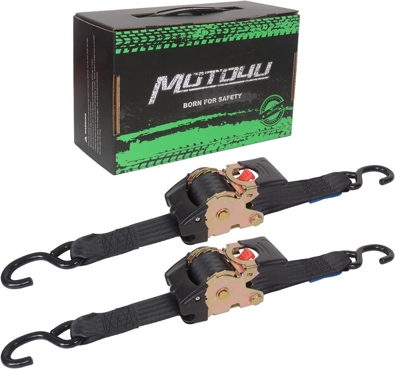 MOTO4U 2" x 9.8' Retractable Ratcheting Tie-Down Strap with Double S-Hooks for Motorcycle and Boat Trailers - Image 1