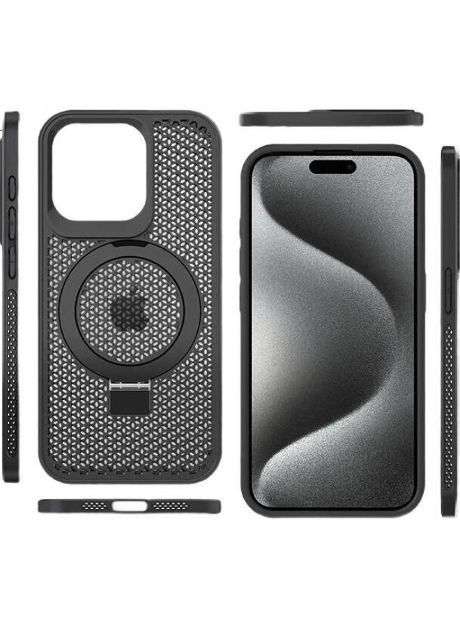 Hotfire Magnetic Case For Iphone 15 Pro, Magsafe Compatible, Ice Ring Stand Protective Cover, Frosted Summer Honeycomb Heat Dissipation Breathable - Gray - Image 1