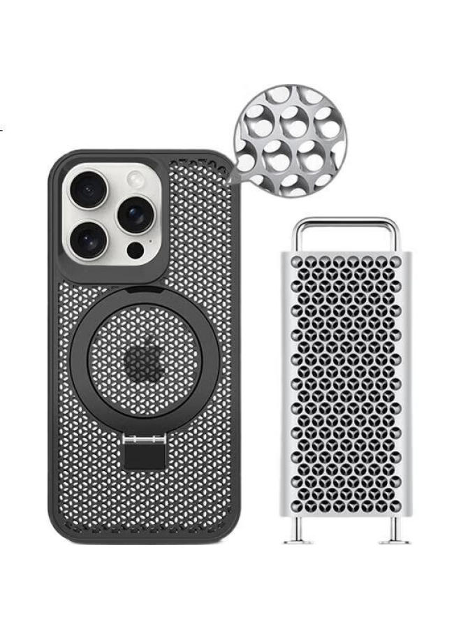 Hotfire Magnetic Case For Iphone 15 Pro, Magsafe Compatible, Ice Ring Stand Protective Cover, Frosted Summer Honeycomb Heat Dissipation Breathable - Gray - Image 2