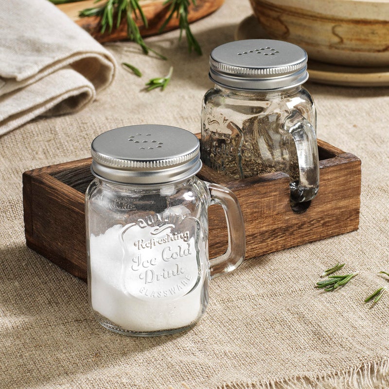 MosJos Mason Jar Salt and Pepper Shakers - Vintage Glass Condiment Dispenser Set with Wooden Holder Caddy - Farmhouse Kitchen Decor, Easy Refill 5-ounce Capacity with Stainless Steel Lids - Image 2