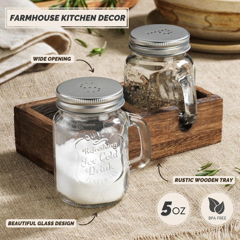 MosJos Mason Jar Salt and Pepper Shakers - Vintage Glass Condiment Dispenser Set with Wooden Holder Caddy - Farmhouse Kitchen Decor, Easy Refill 5-ounce Capacity with Stainless Steel Lids - Image 5