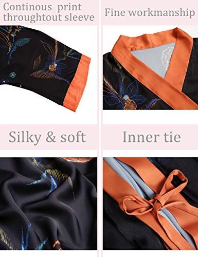 Aensso long soft silk y kimono robes for women, black floral lightweight wedding robe - Image 3
