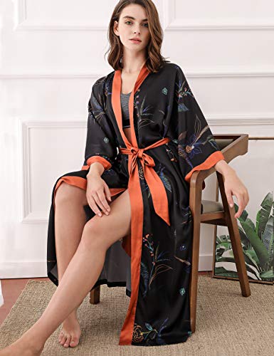 Aensso long soft silk y kimono robes for women, black floral lightweight wedding robe - Image 5