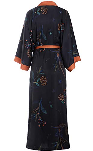 Aensso long soft silk y kimono robes for women, black floral lightweight wedding robe - Image 2