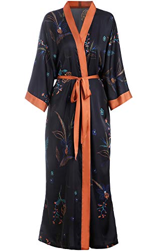 Aensso long soft silk y kimono robes for women, black floral lightweight wedding robe - Image 1