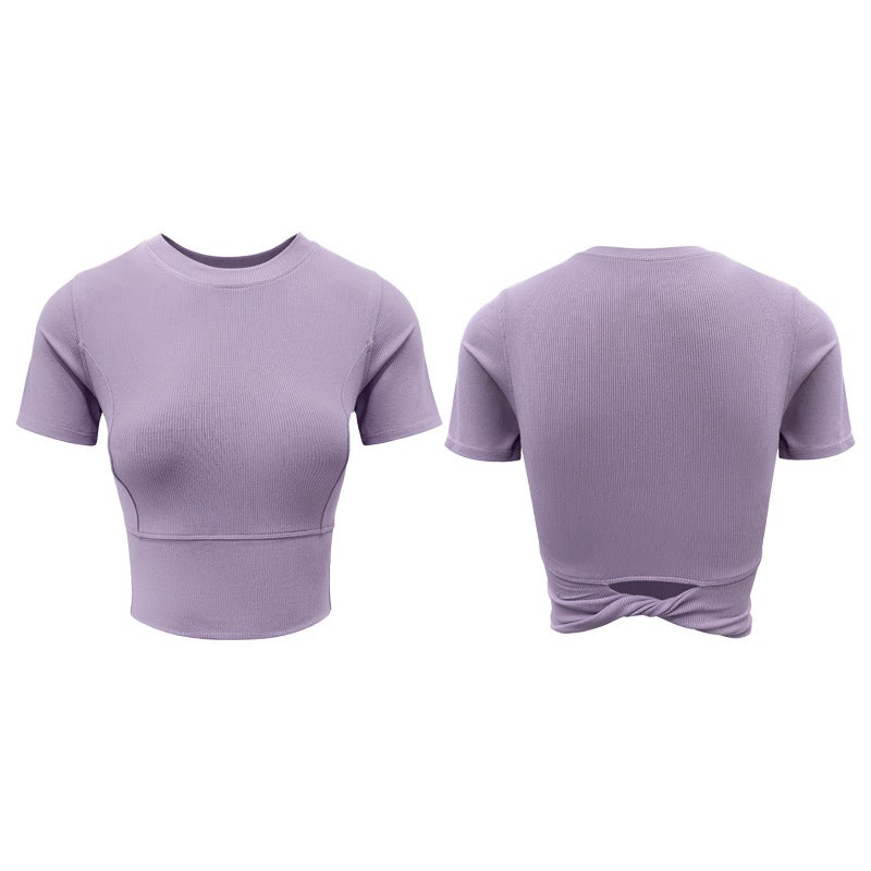 Generic Summer Yoga Top Twist Rope Hollow Out Short Sleeve Green Lotus purple short sleeve 