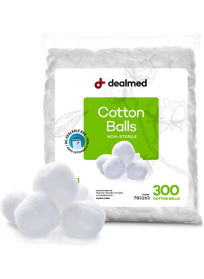 Dealmed - Dealmed 300 ct. Cotton Balls for Face, Makeup, Medical Uses, & DIY Crafts | Non-Sterile Bulk Pack | Resealable Zip-Locked Bag | 100% Pure Cotton, Soft, Absorbent, Gentle (Pack of 1) - Image 1