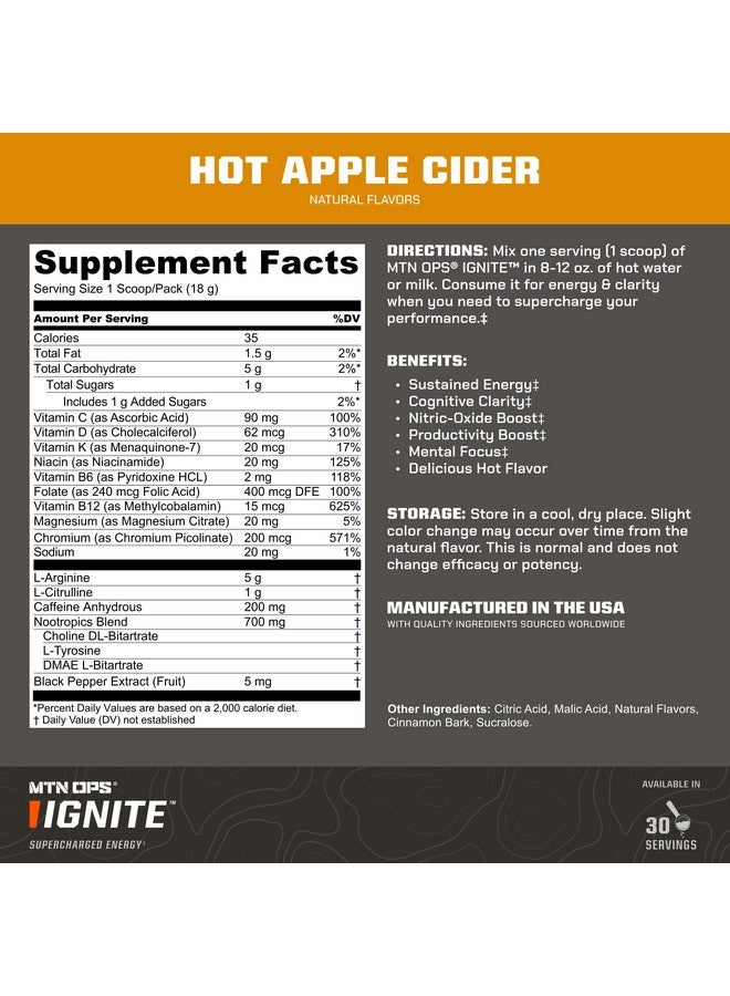 MTN OPS MTN OPS Hot Ignite Instant Coffee Nootropic & L-Arginine L-Citrulline for Cognitive Clarity, Mental Focus & Nitric-Oxide Boost | 200mg Caffeine per Serving, 30 Servings | Apple Cider  - Image 2