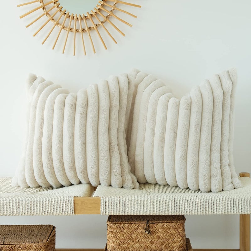 JOJUSIS Pack of 2 Faux Fur Plush Decorative Throw Pillow Covers Couch Cushion Case Soft Pillowcases (Beige, 18 x 18 Inch) - Image 1