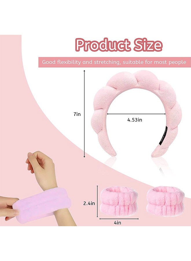 2 Pcs Spa Sponge Headband and Wristband Scrunchies, Twisted Bubble Make Up Hair Band, Cloth Fabric Hair Band Washing Face Skincare Accessory(Pink) - Image 2