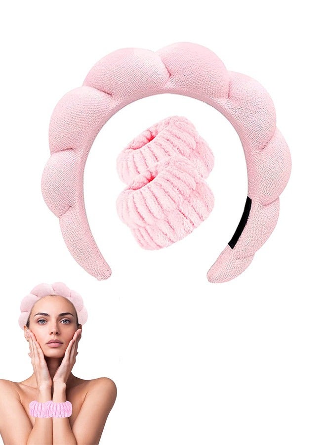 2 Pcs Spa Sponge Headband and Wristband Scrunchies, Twisted Bubble Make Up Hair Band, Cloth Fabric Hair Band Washing Face Skincare Accessory(Pink) - Image 1