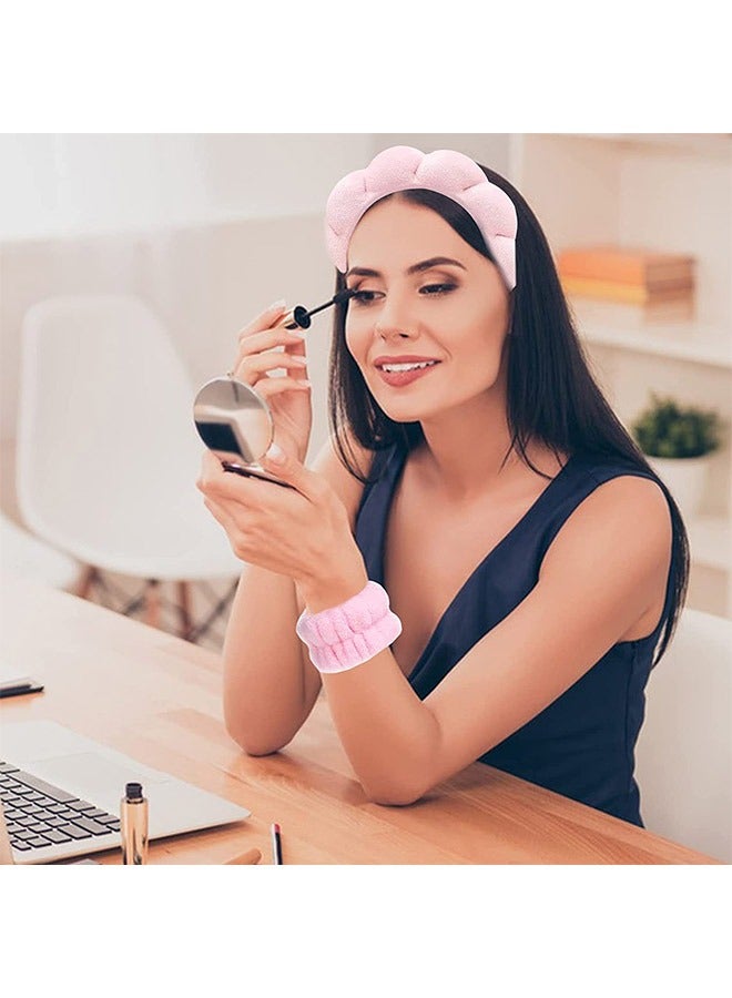 2 Pcs Spa Sponge Headband and Wristband Scrunchies, Twisted Bubble Make Up Hair Band, Cloth Fabric Hair Band Washing Face Skincare Accessory(Pink) - Image 4