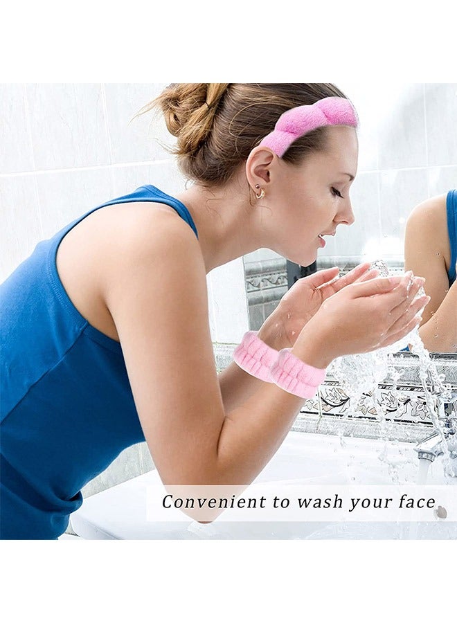 2 Pcs Spa Sponge Headband and Wristband Scrunchies, Twisted Bubble Make Up Hair Band, Cloth Fabric Hair Band Washing Face Skincare Accessory(Pink) - Image 3