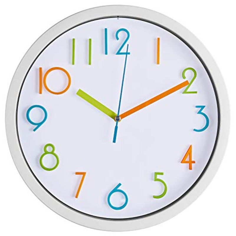 Colorful Wall Clock 10 Inch Silent Non Ticking Quality Quartz Battery Operated Wall Clocks Easy to Read 3D Multi Colored Numbers Nursery Classroom Office Kitchen White Frame - Image 1