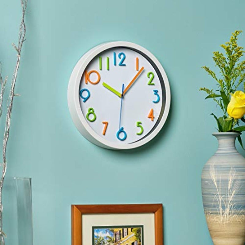 Colorful Wall Clock 10 Inch Silent Non Ticking Quality Quartz Battery Operated Wall Clocks Easy to Read 3D Multi Colored Numbers Nursery Classroom Office Kitchen White Frame - Image 4