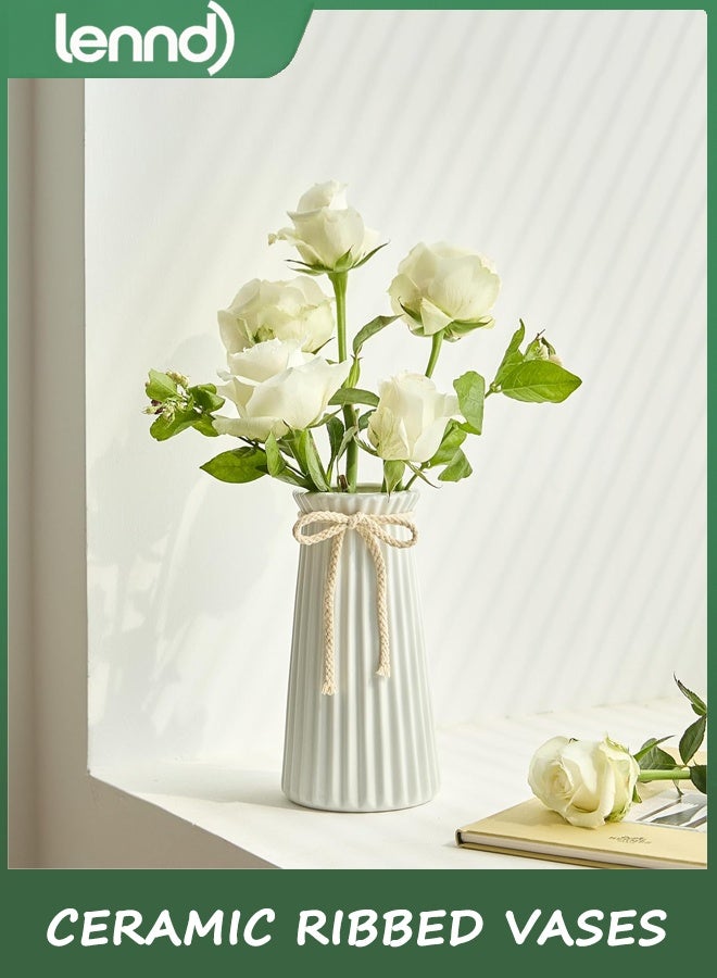 لينند مزهريات سيراميك بيضاء مضلعة لديكور منزلي عصري بسيط، مزهرية زهور مزخرفة لطاولة عشاء الزفاف والمكتب وغرفة النوم - 8 بوصة / 20 سم - Image 1