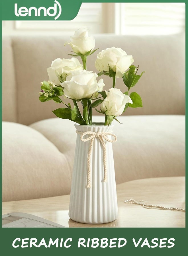 لينند مزهريات سيراميك بيضاء مضلعة لديكور منزلي عصري بسيط، مزهرية زهور مزخرفة لطاولة عشاء الزفاف والمكتب وغرفة النوم - 8 بوصة / 20 سم - Image 2