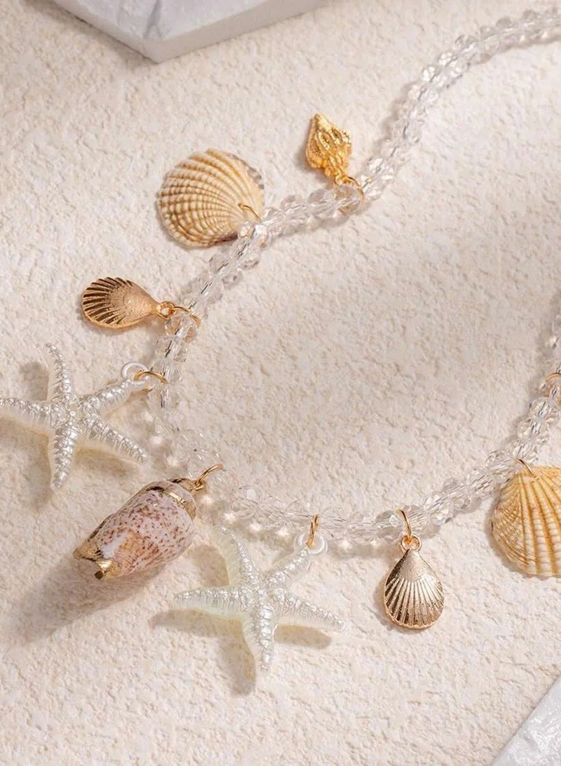 1pc Boho Beach Seashell & Starfish Pendant Necklace Choker, Shiny Necklace Accessory For Women, Perfect For Beach Vacation, Elegant & Sparkling - Image 1