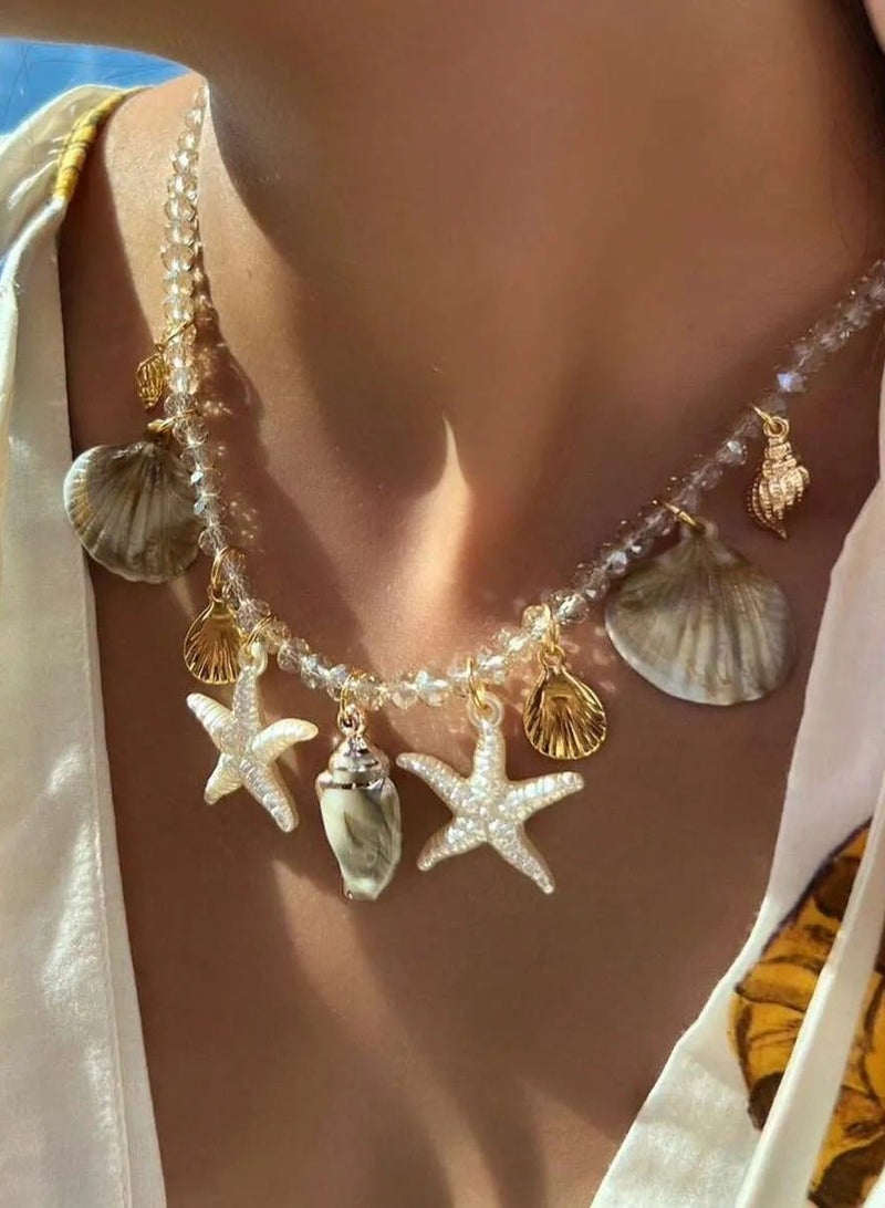 Generic Bohemian Beach Shell & Starfish Pendant Necklace Premium Crystal Beaded Choker Women's Niche Resort Style Summer Ocean Vacation Coastal Jewelry ﻿ - Image 1