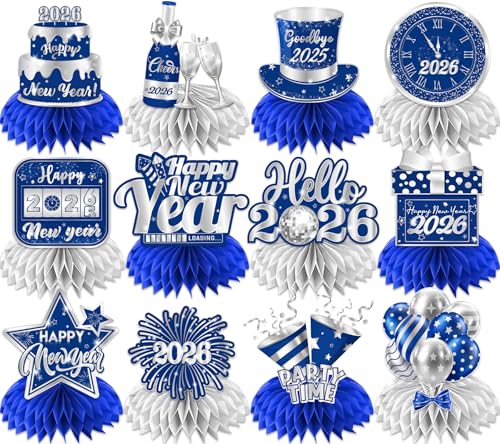Dydamud New Years Eve Party Supplies 2026 12PCS Happy New Year Honeycomb Centerpieces Blue Silver New Years Table Centerpieces for NYE Party Supplies New Years Eve Decorations 2026 - Image 1