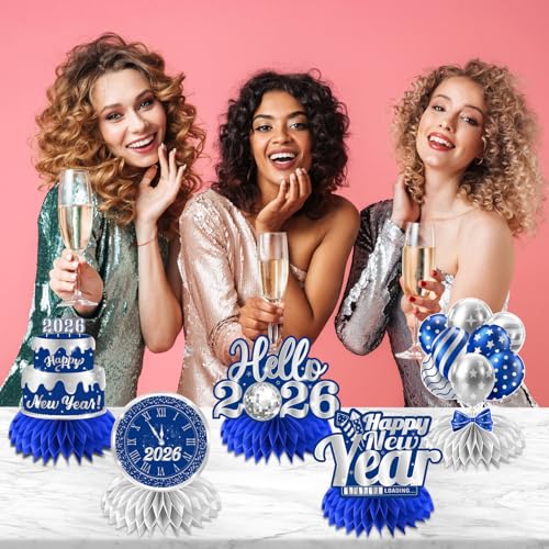 Dydamud New Years Eve Party Supplies 2026 12PCS Happy New Year Honeycomb Centerpieces Blue Silver New Years Table Centerpieces for NYE Party Supplies New Years Eve Decorations 2026 - Image 5