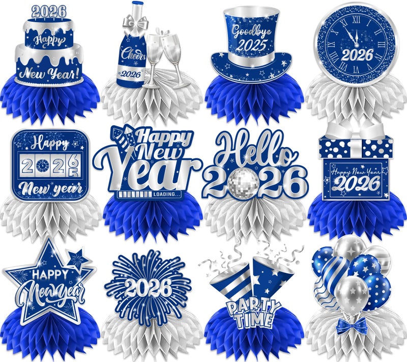 Dydamud New Years Eve Party Supplies 2026 12PCS Happy New Year Honeycomb Centerpieces Blue Silver New Years Table Centerpieces for NYE Party Supplies New Years Eve Decorations 2026 - Image 3