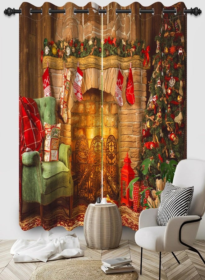 Umpoo Merry Christmas Window Curtains for New Year Decor Vintage Fireplace Red Socks Xmas Tree Blackout Curtain Kids Nursery Bedroom Home Decor Curtain Set of 2 Panels, 52x72 Inch - Image 1
