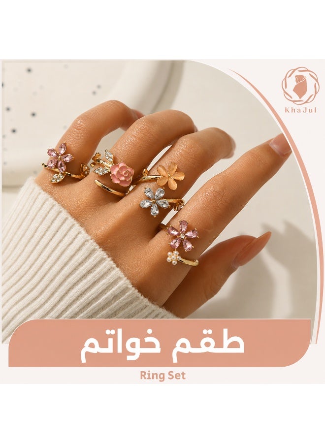 خاجول 4 قطع طقم خواتم مفتوحة وردية، خواتم ميدي قابلة للتكديس والتعديل مع لؤلؤ للنساء - ذهبي - Image 1