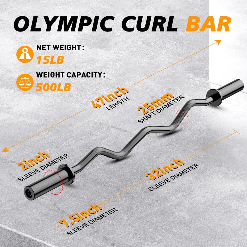LAVVON Olympic EZ Curl Barbell Bar 47", 2-Inch Curl Bars for Weight Lifting,Hip Thrusts,Squat,Biceps-Home Gym Chrome Curling Bar for 2 Inch Weight Plates -2 Spring Collars(500lb Weight Capacity) - Image 3