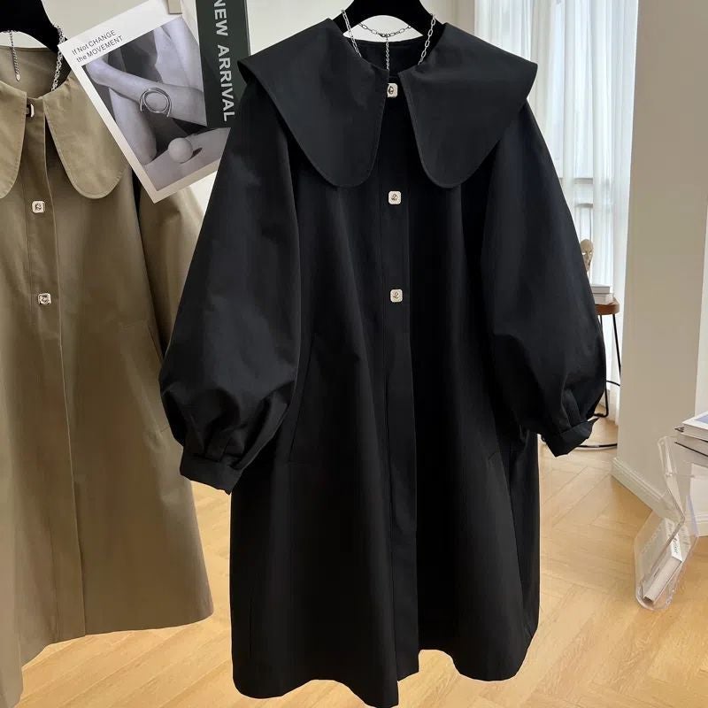Khaki Mid-Length Petite Coat Spring 2024 Doll Collar black lining - Image 1