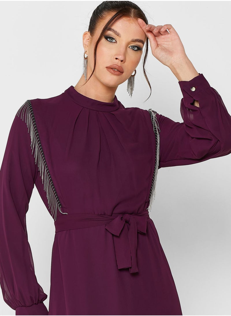 Khizana - Embellished Trim Belted Dress - Image 1
