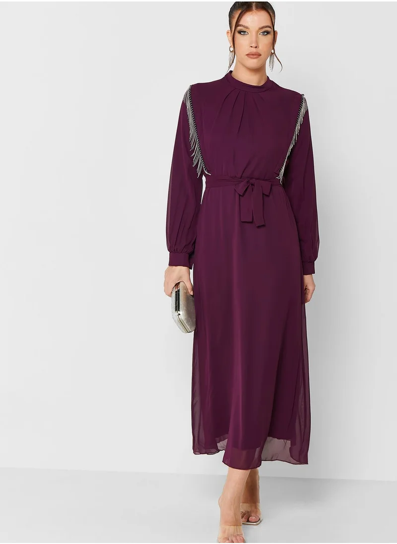 Khizana Embellished Trim Belted Dress